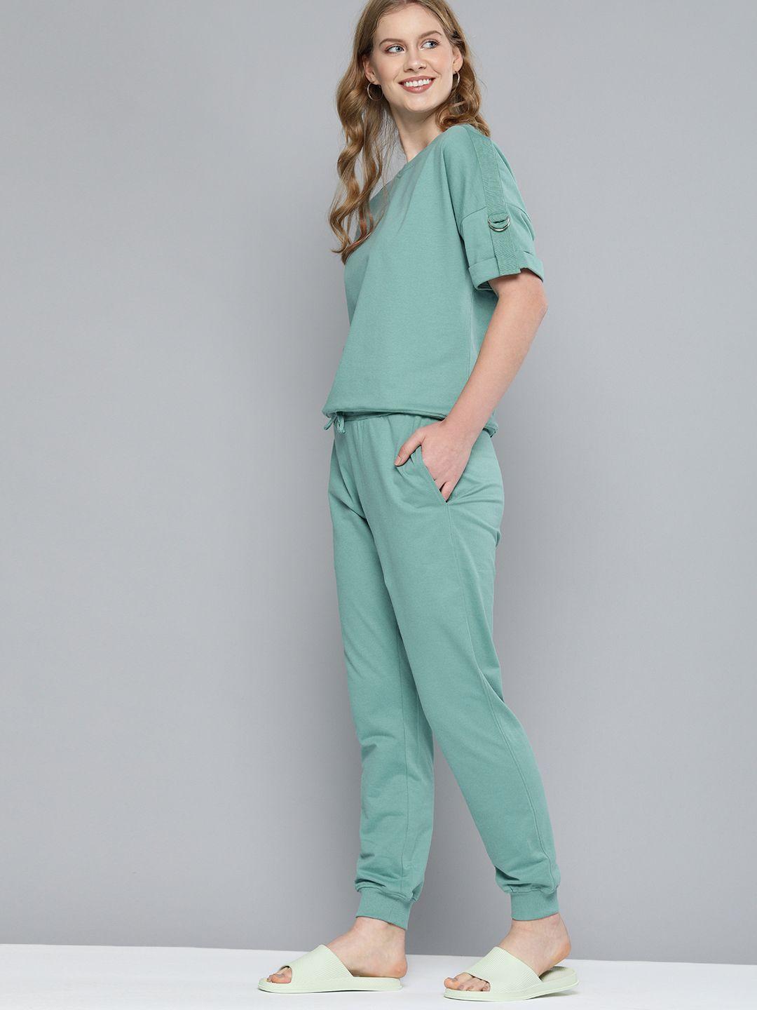 m&h easy women sea green solid t-shirt with trousers