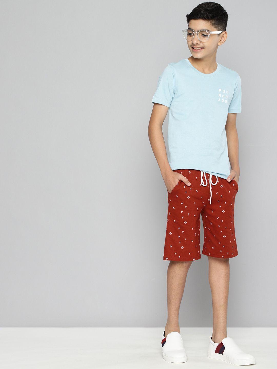 m&h juniors boys brown conversational printed shorts
