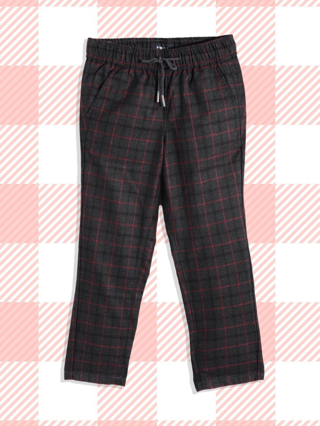 m&h juniors boys charcoal grey & red checked trousers