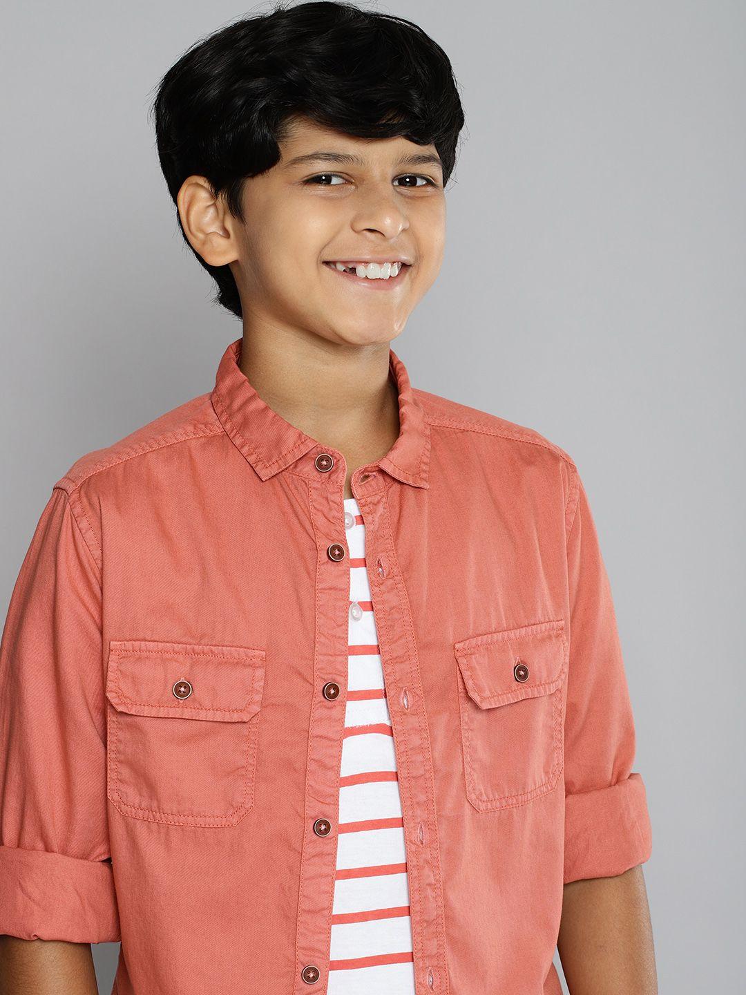 m&h juniors boys coral pink slim fit pure cotton casual shirt