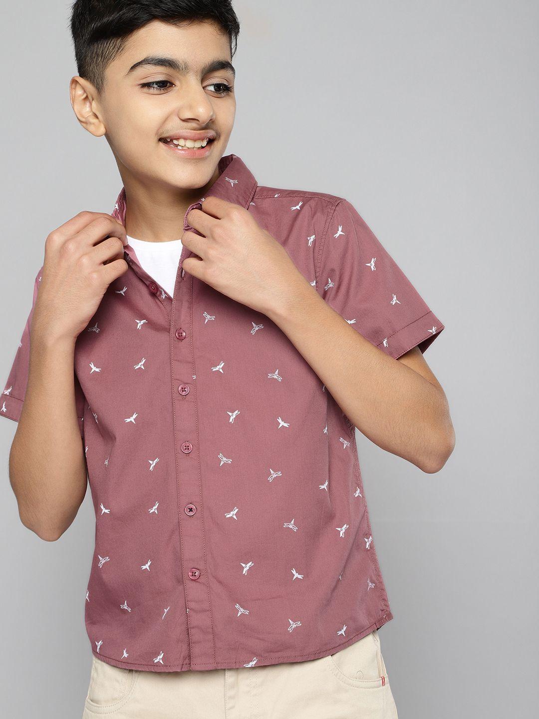 m&h juniors boys dusty rose printed casual pure cotton shirt