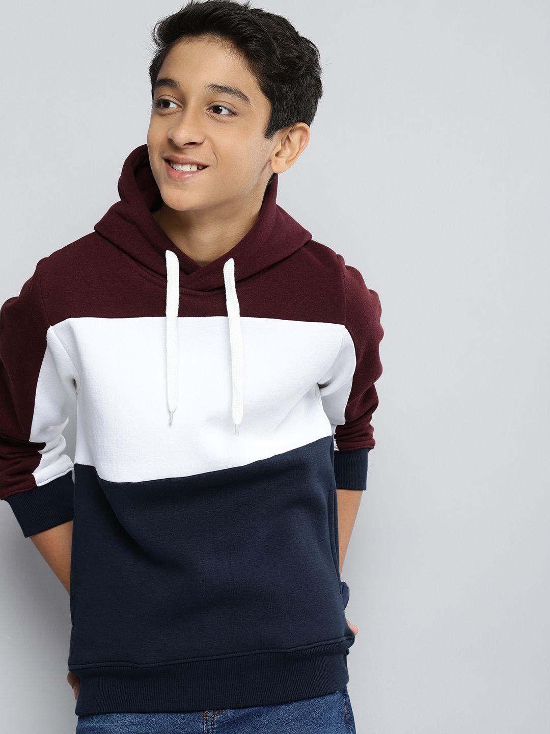 m&h juniors boys maroon & white striped hooded sweatshirt