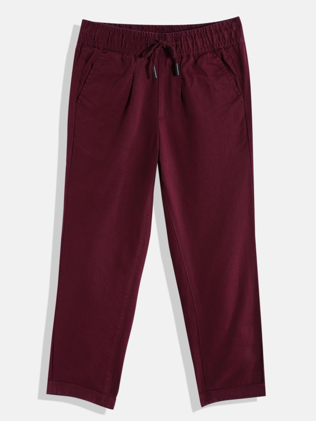 m&h juniors boys maroon pure cotton solid trousers