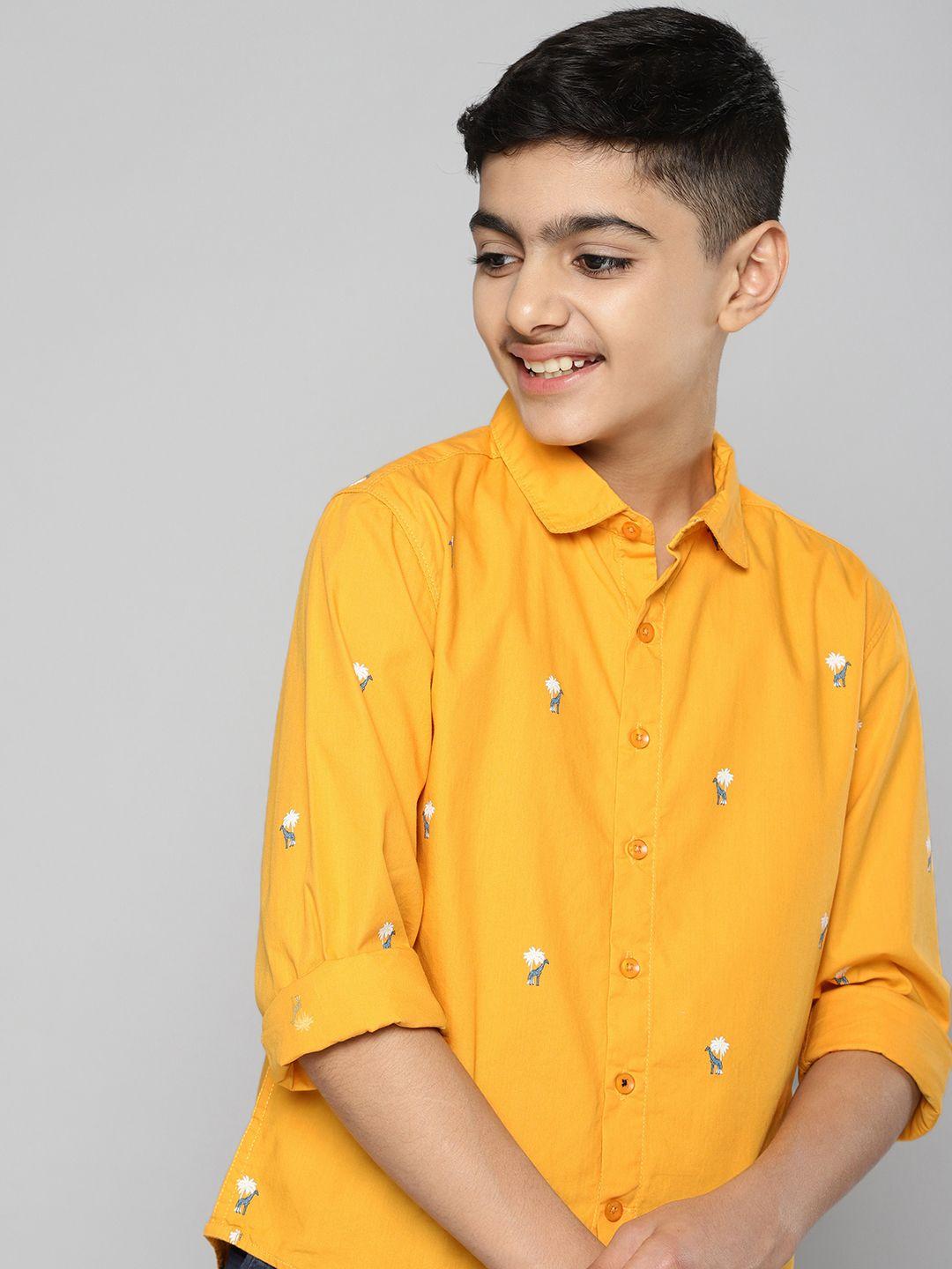 m&h juniors boys mustard animal printed casual shirt
