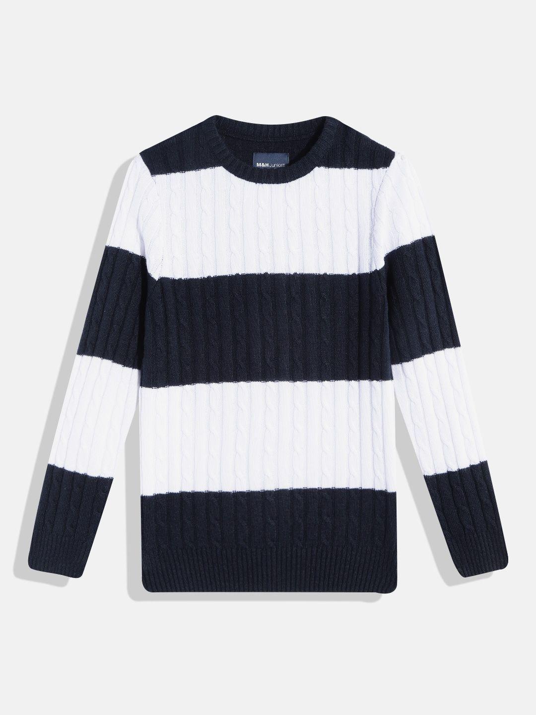 m&h juniors boys navy blue & white striped self design acrylic pullover