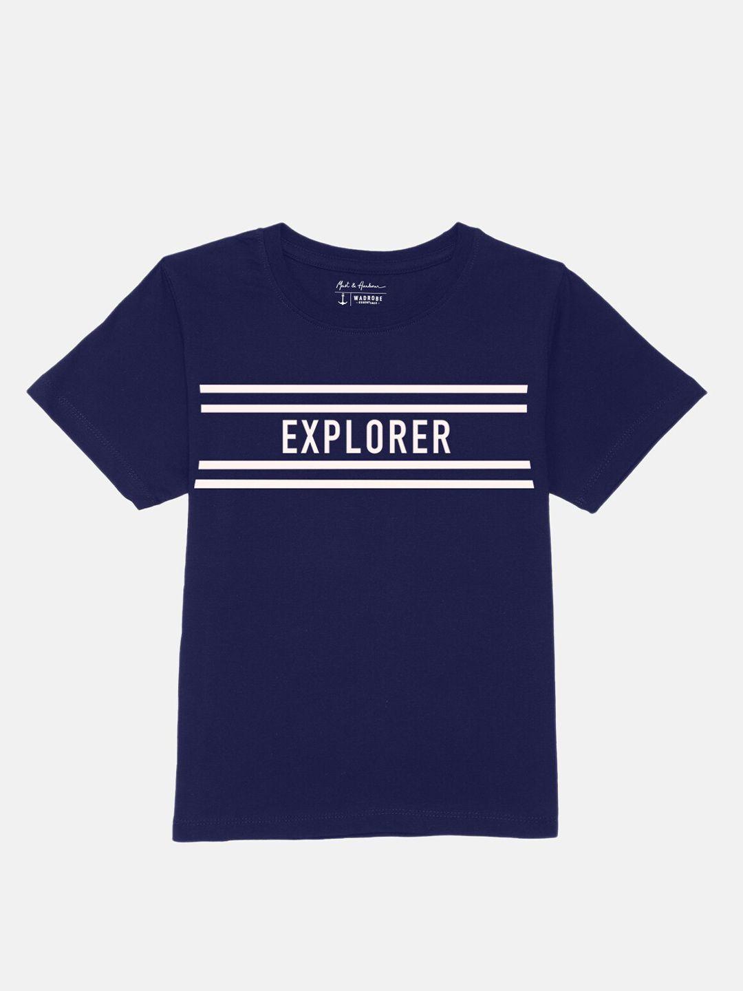 m&h juniors boys navy blue typography printed pure cotton t-shirt