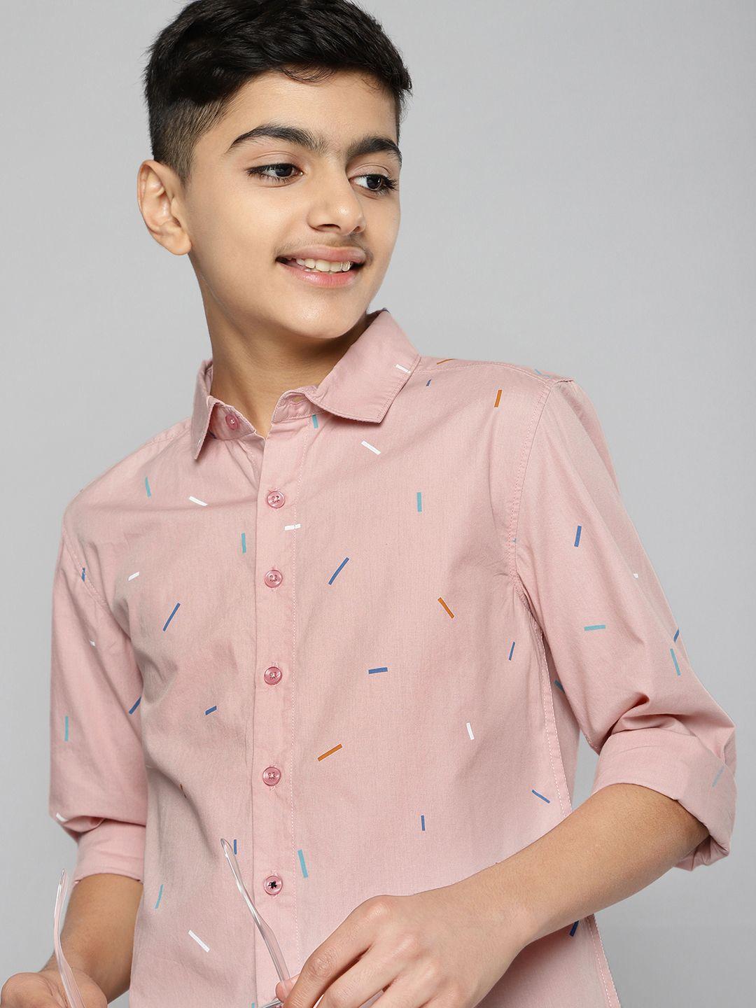 m&h juniors boys peach-coloured printed pure cotton casual shirt