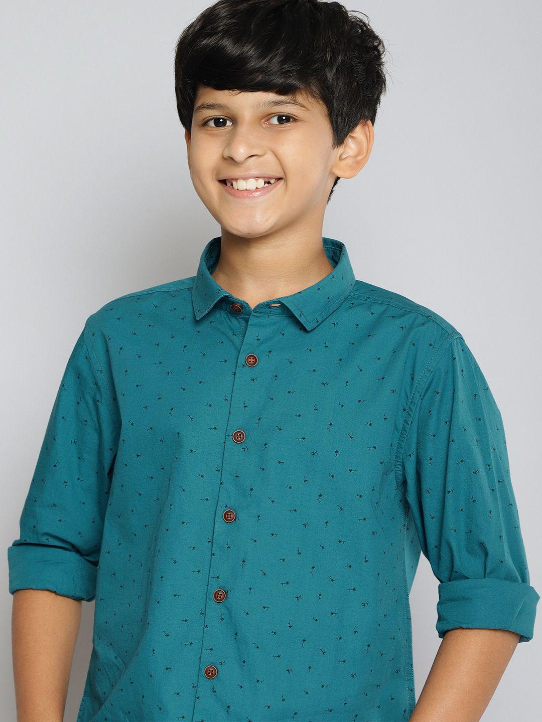 m&h juniors boys teal blue pure cotton slim fit opaque printed casual shirt