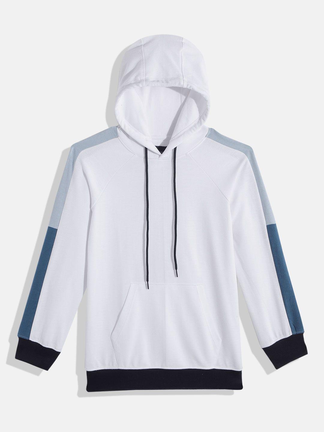 m&h juniors boys white & blue solid hooded sweatshirt