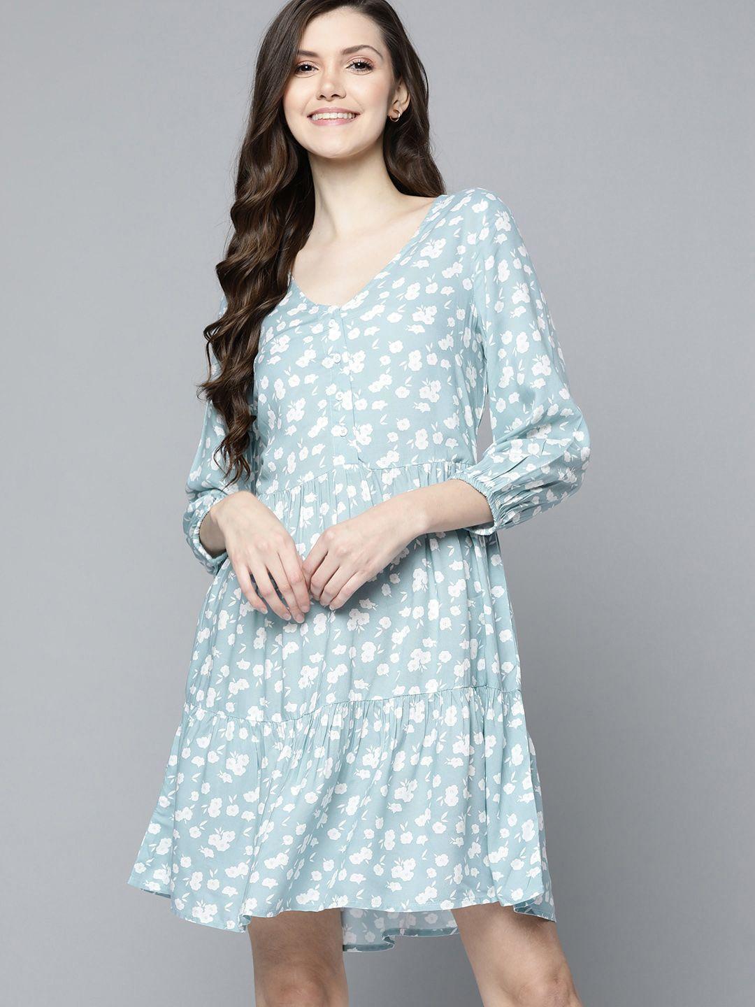 m&h our water blue & white floral a-line dress