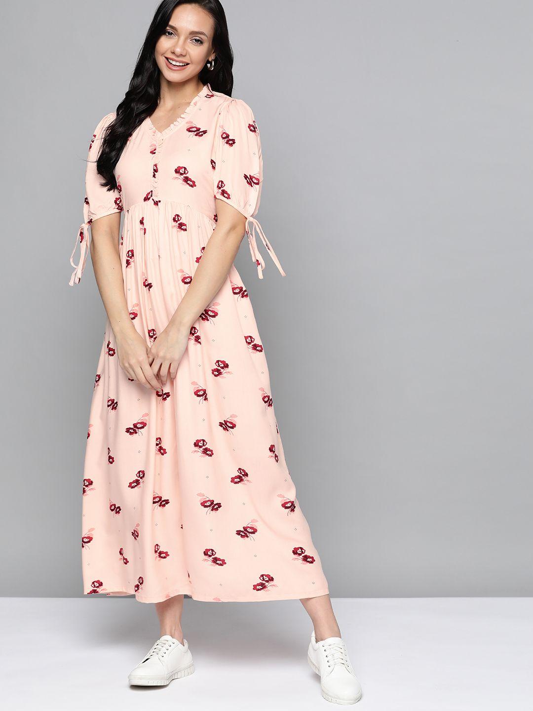 m&h our water peach-coloured & maroon floral print a-line midi dress with ruffles