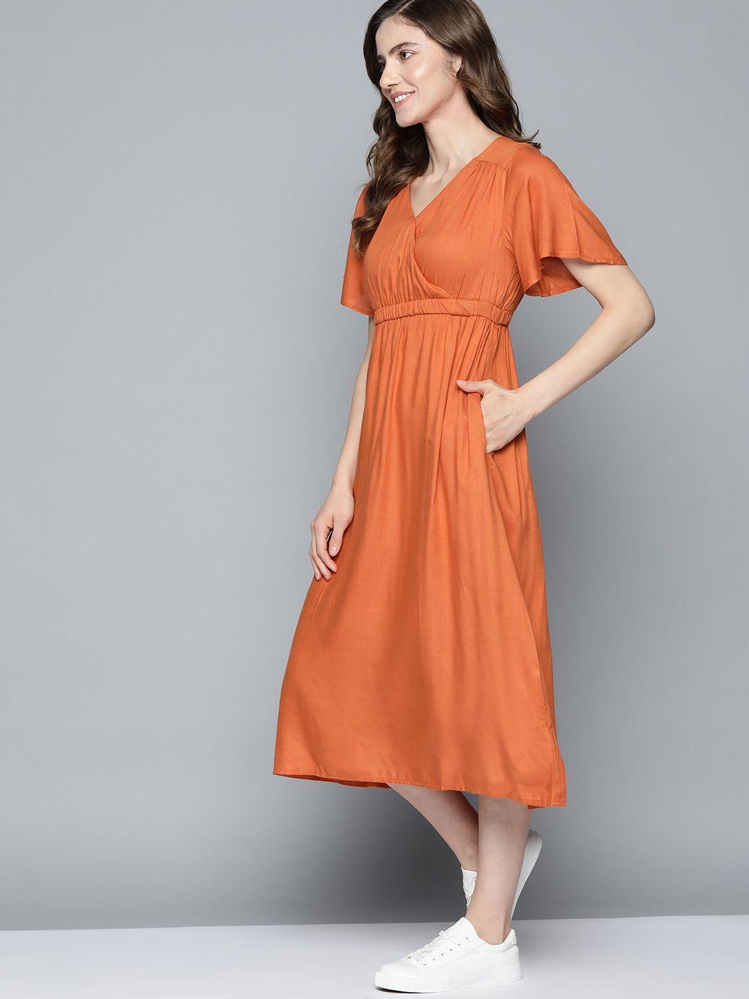 m&h our water rust orange solid midi wrap dress