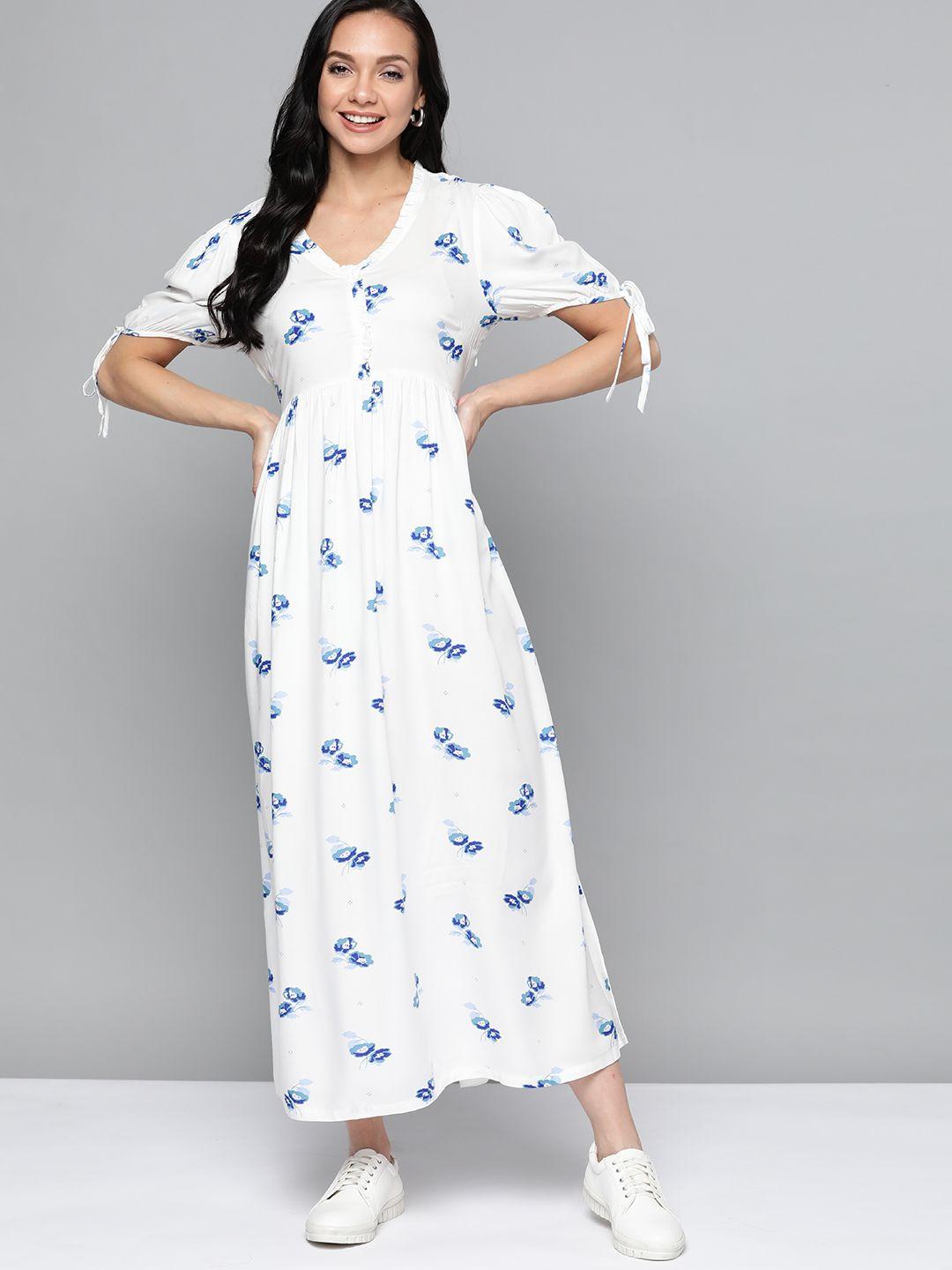 m&h our water white & blue floral print a-line midi dress with ruffles & puff sleeves