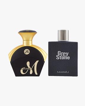 m for her eau de parfum fruity floral perfume 90 ml for women & grey stone eau de parfum aromatic woody perfume 100 ml for men + 2 parfum testers