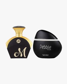 m for her eau de parfum fruity floral perfume 90 ml for women & pebble style eau de parfum perfume 100 ml for men + 2 parfum testers