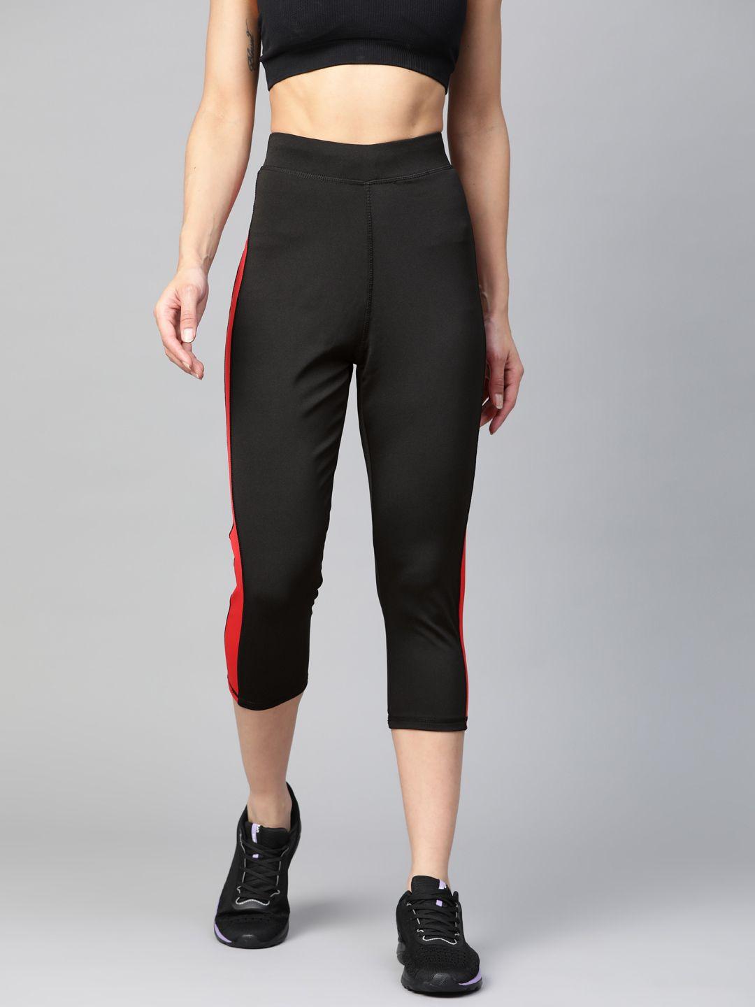 m7 by metronaut women black & red solid stretchable crop training tights