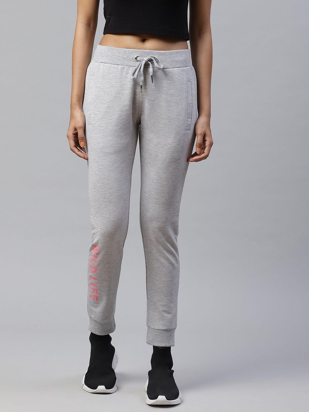 m7 by metronaut women grey melange slim fit solid joggers with printed detail