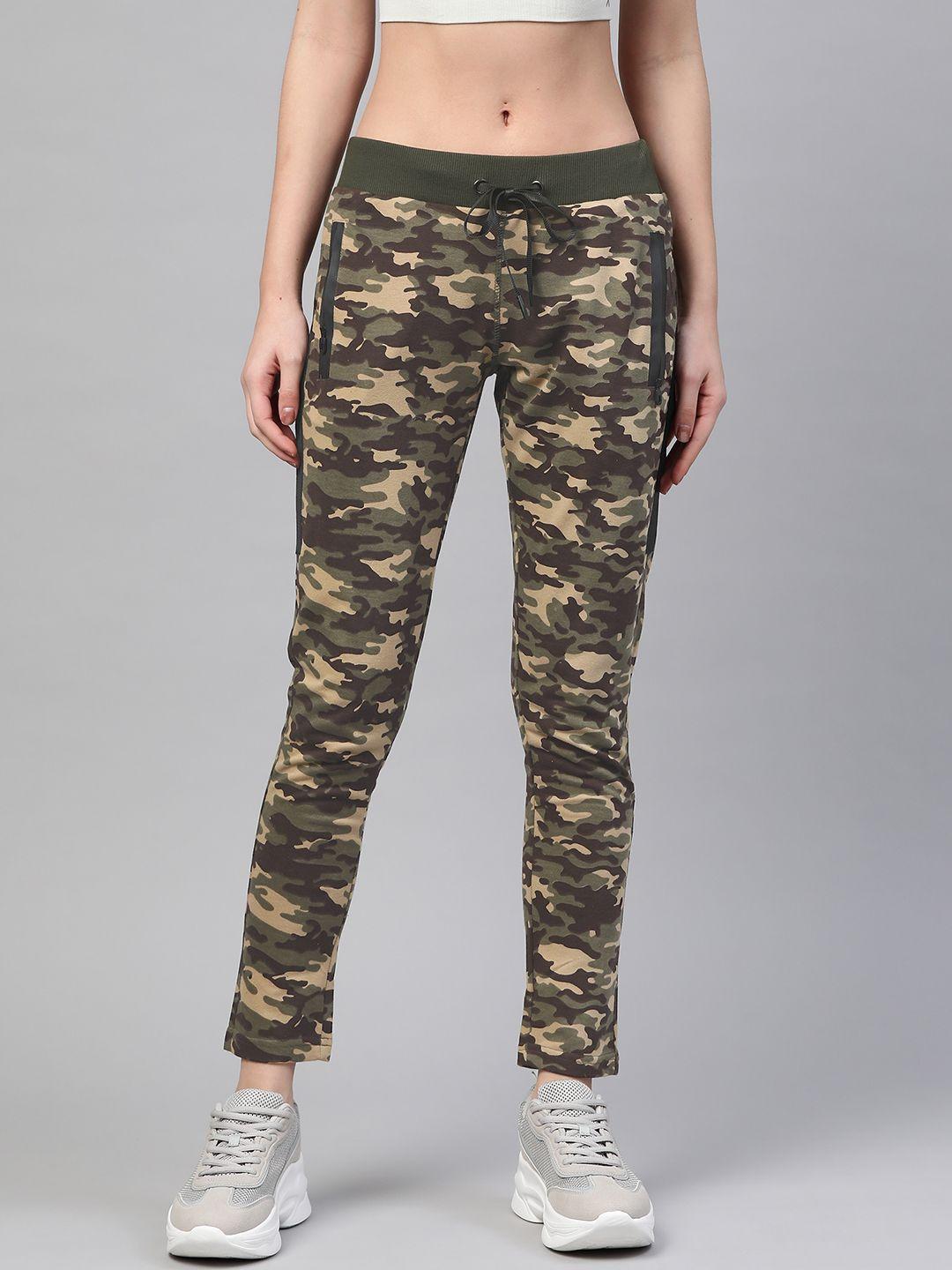 m7 by metronaut women olive green & brown camouflage print slim fit track pants