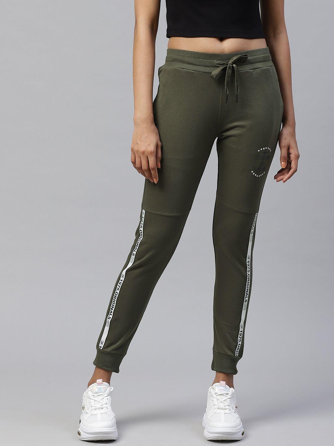 m7 by metronaut women olive green slim fit solid joggers with side taping detail