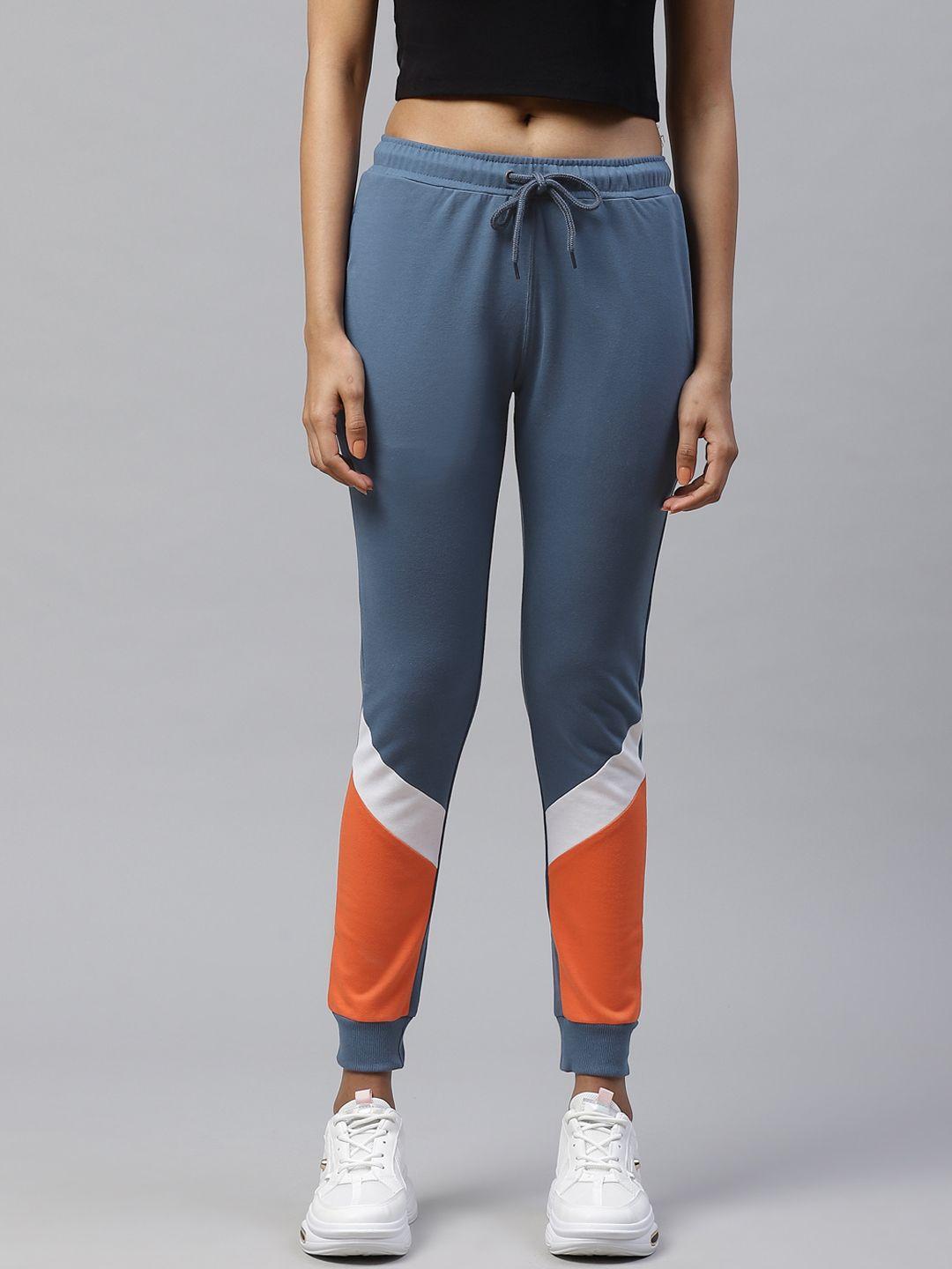 m7 by metronaut women teal blue & orange colourblocked slim fit joggers