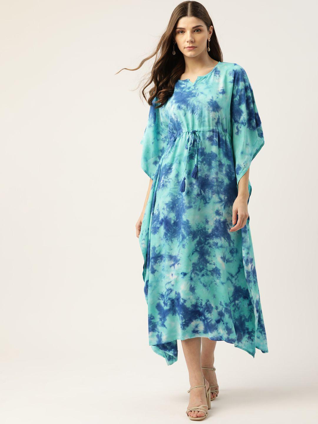 maaesa blue & sea green dyed crepe kaftan midi dress