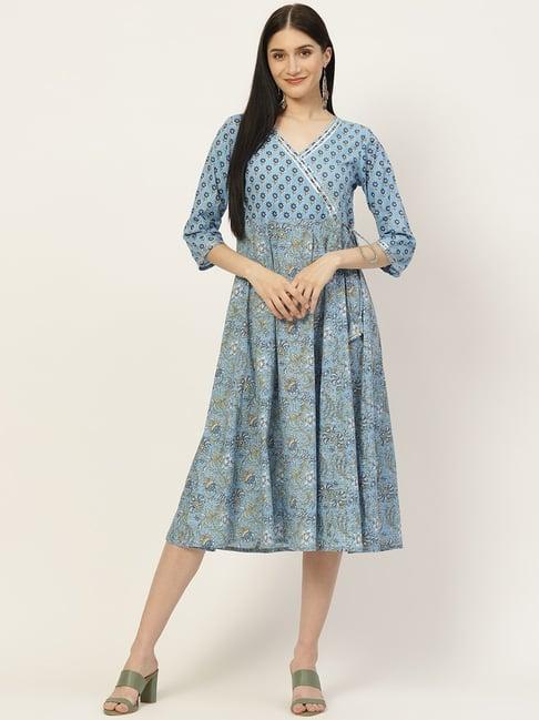 maaesa blue cotton printed a-line dress