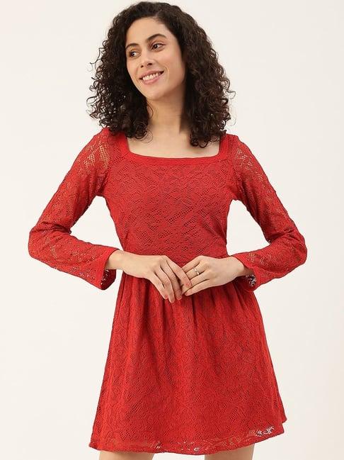 maaesa red self pattern a-line dress
