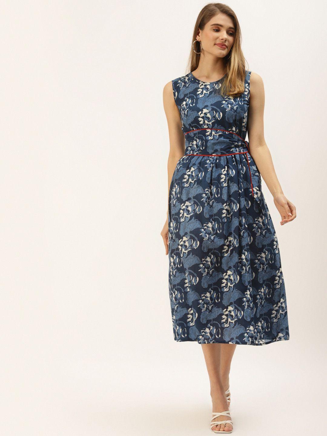 maaesa women blue & white floral printed a-line midi dress