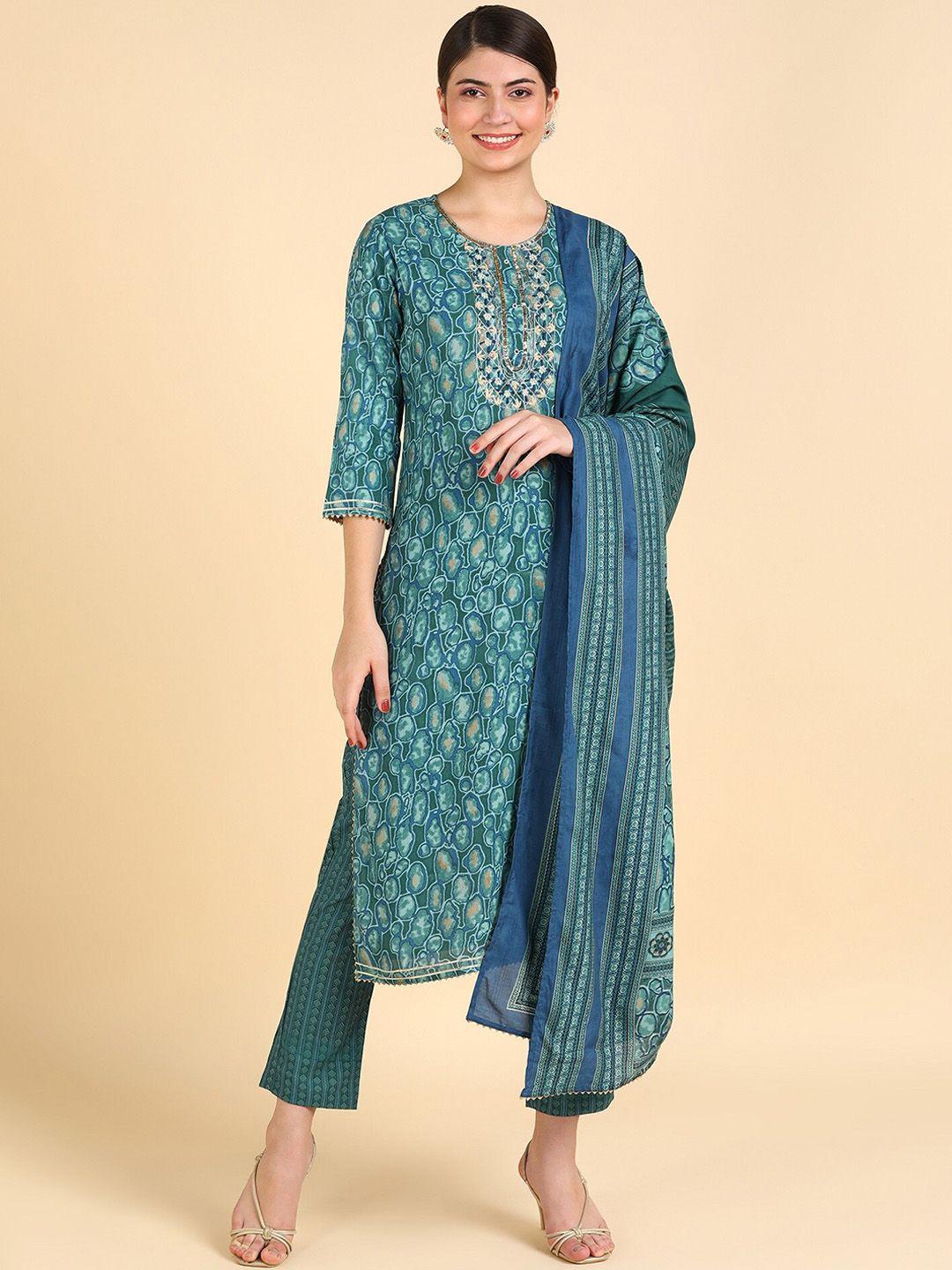 maaesa abstract printed thread work kurta with trousers & dupatta