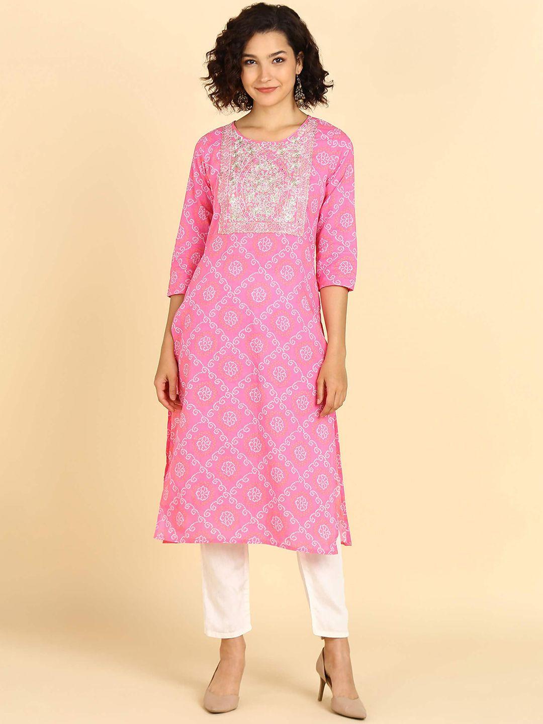 maaesa bandhani printed round neck sequinned cotton straight kurta
