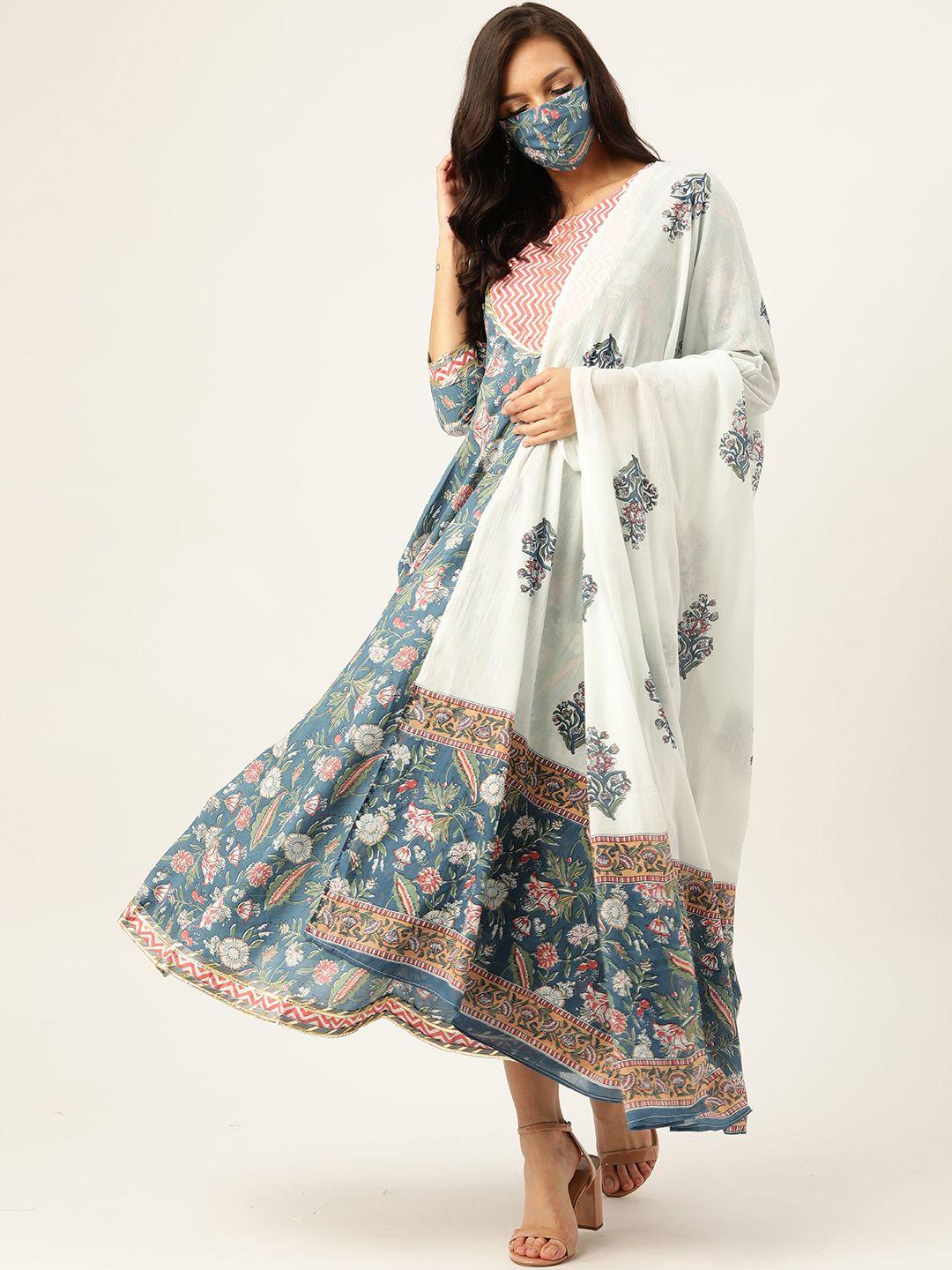 maaesa blue & white printed pure cotton ethnic maxi dress with matching dupatta