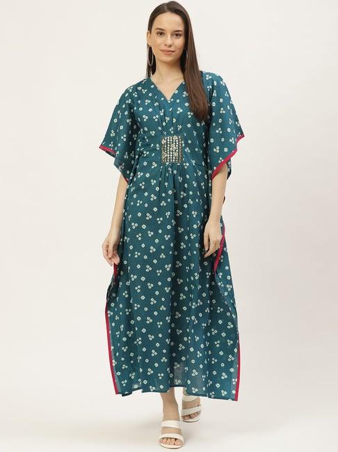 maaesa blue cotton embellished a-line kaftan dress