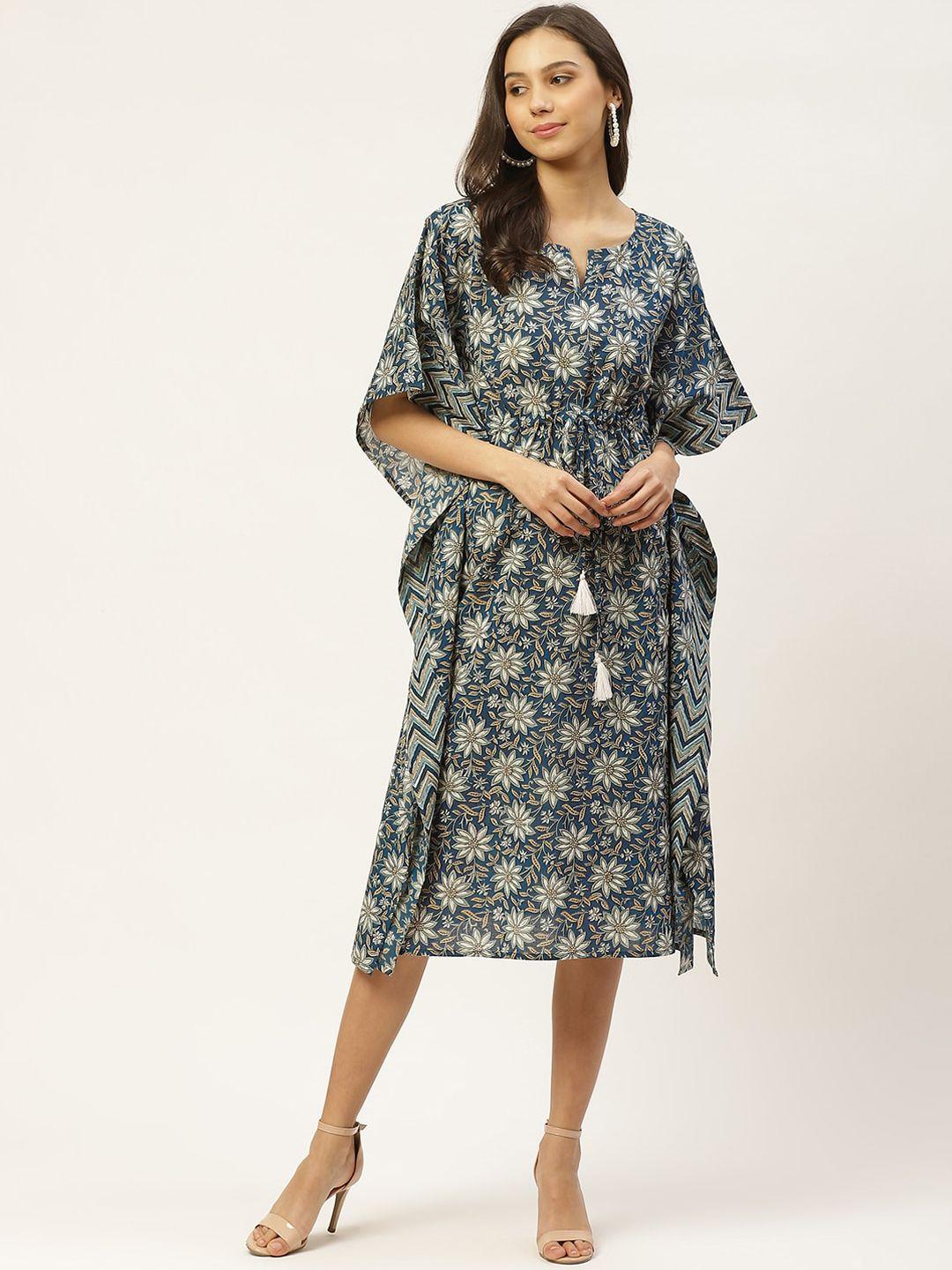 maaesa blue floral printed kaftan midi dress