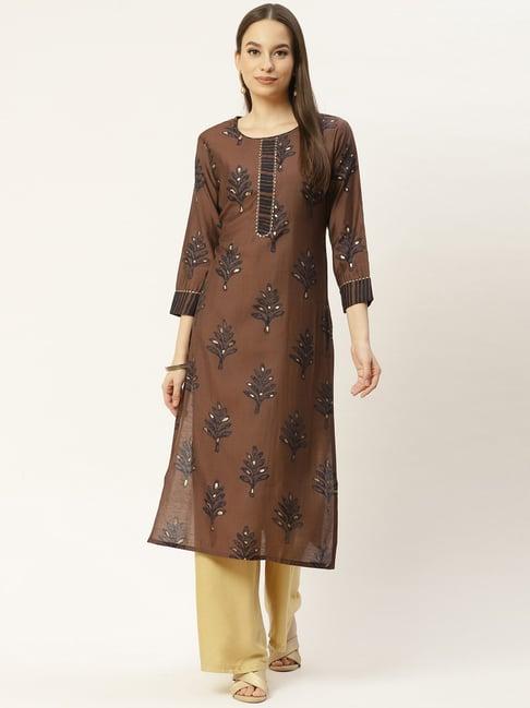 maaesa brown printed straight kurta