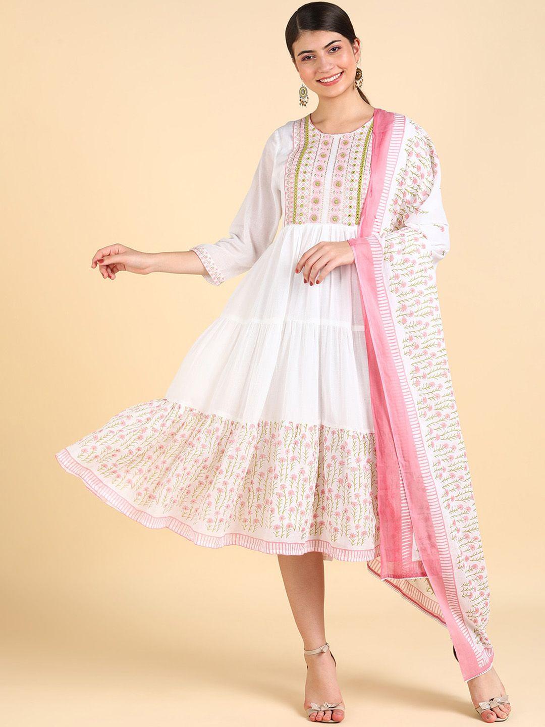 maaesa ethnic motifs embroidered fit & flared ethnic dress with dupatta