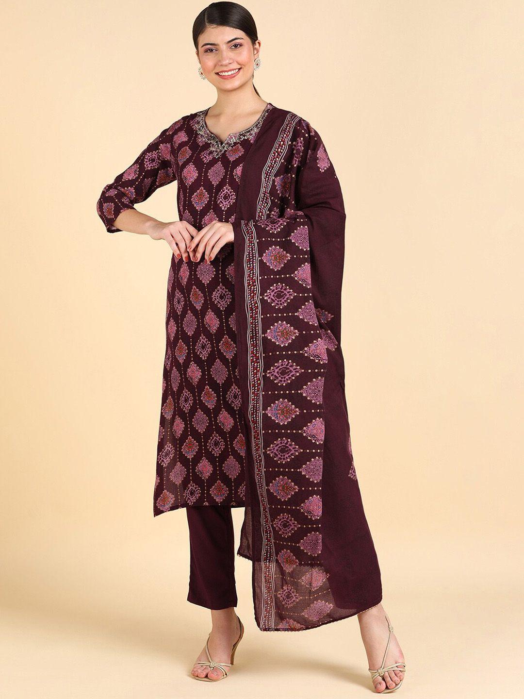 maaesa ethnic motifs printed kurta with trousers & dupatta