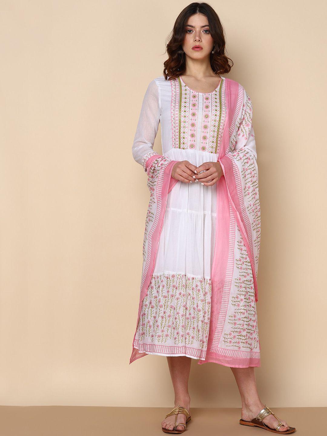maaesa floral embroidered tiered midi ethnic dress with dupatta