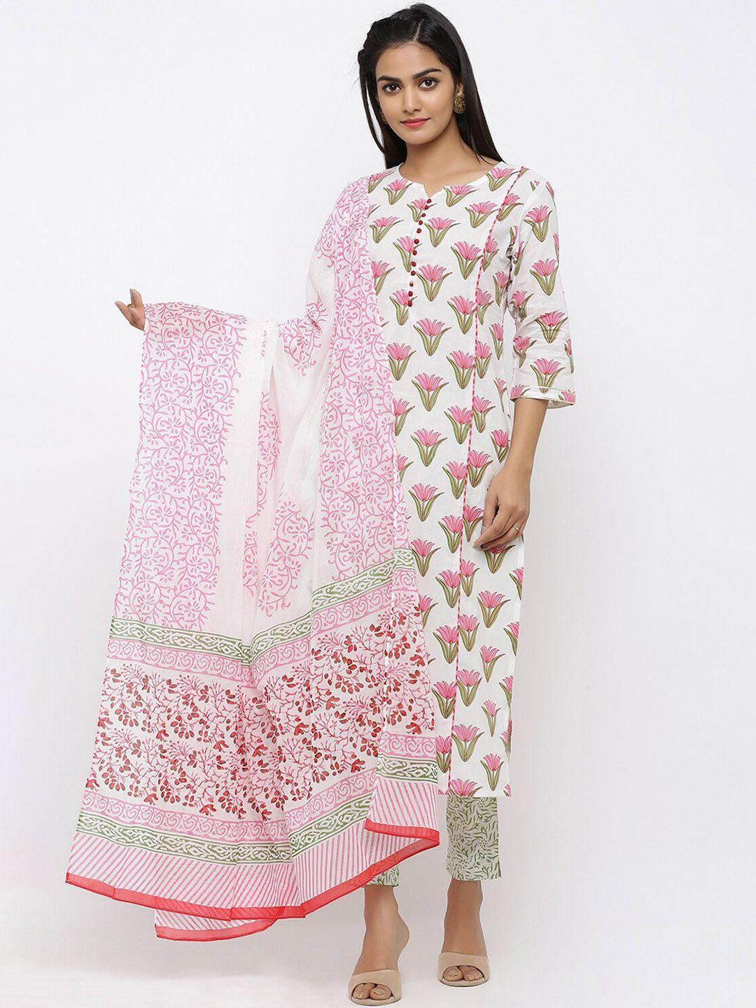 maaesa floral printed pure cotton kurta with trousers & dupatta