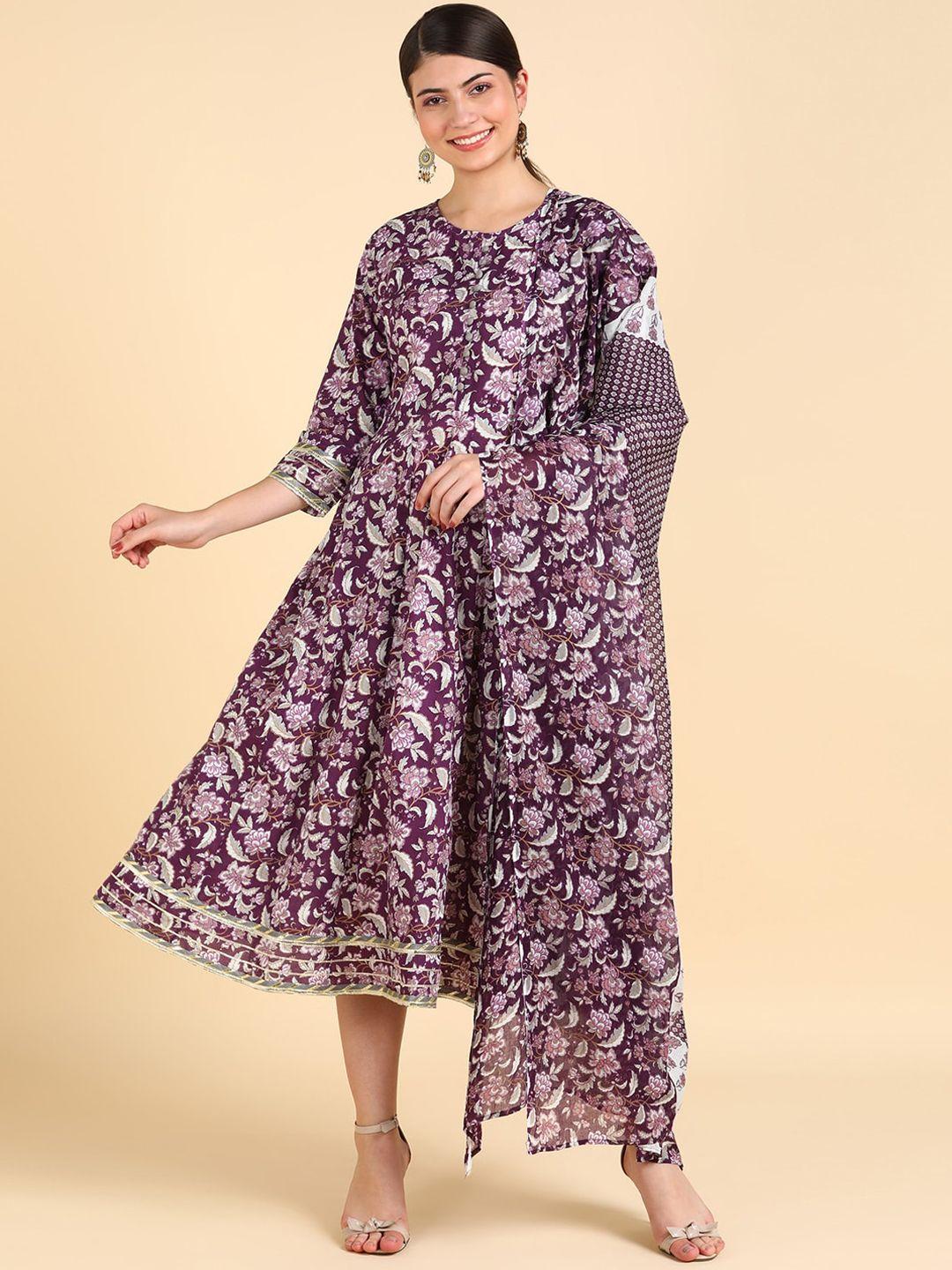 maaesa floral printed pure voile fit & flare ethnic dress comes with dupatta