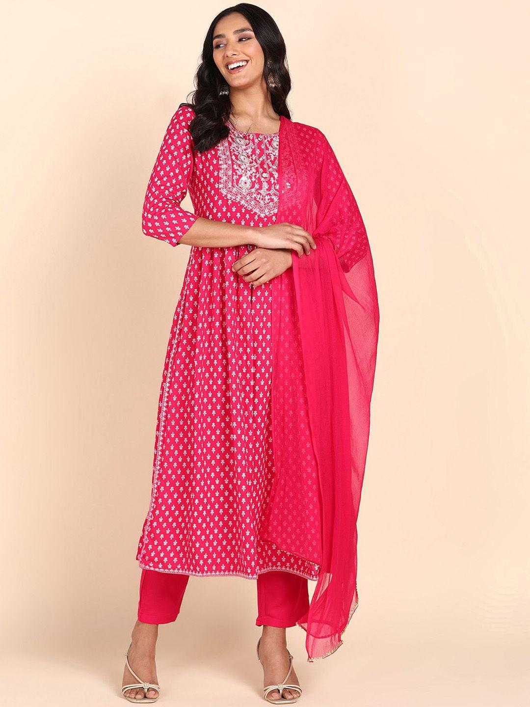 maaesa floral printed thread work pleated kurta & trousers with dupatta