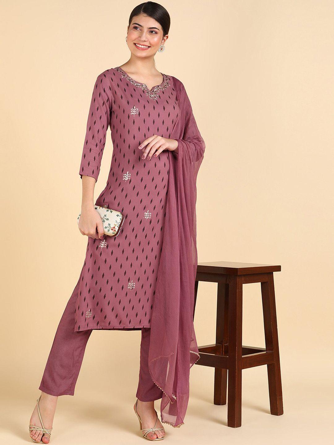 maaesa geometric printed thread work straight kurta & trousers with dupatta