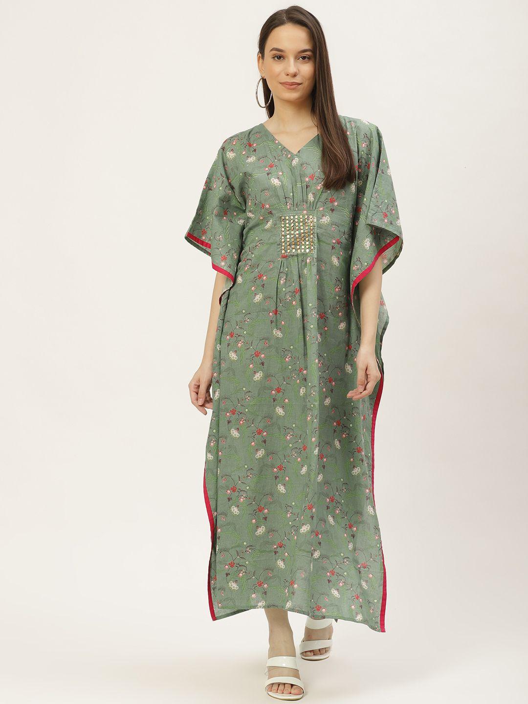 maaesa green & pink cotton floral printed kaftan maxi dress