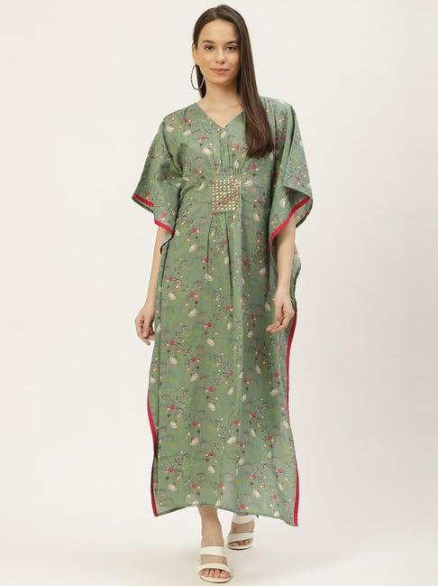 maaesa green cotton embellished a-line kaftan dress