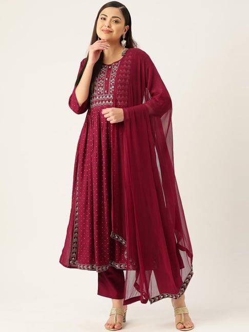 maaesa maroon embroidered kurta pant set with dupatta