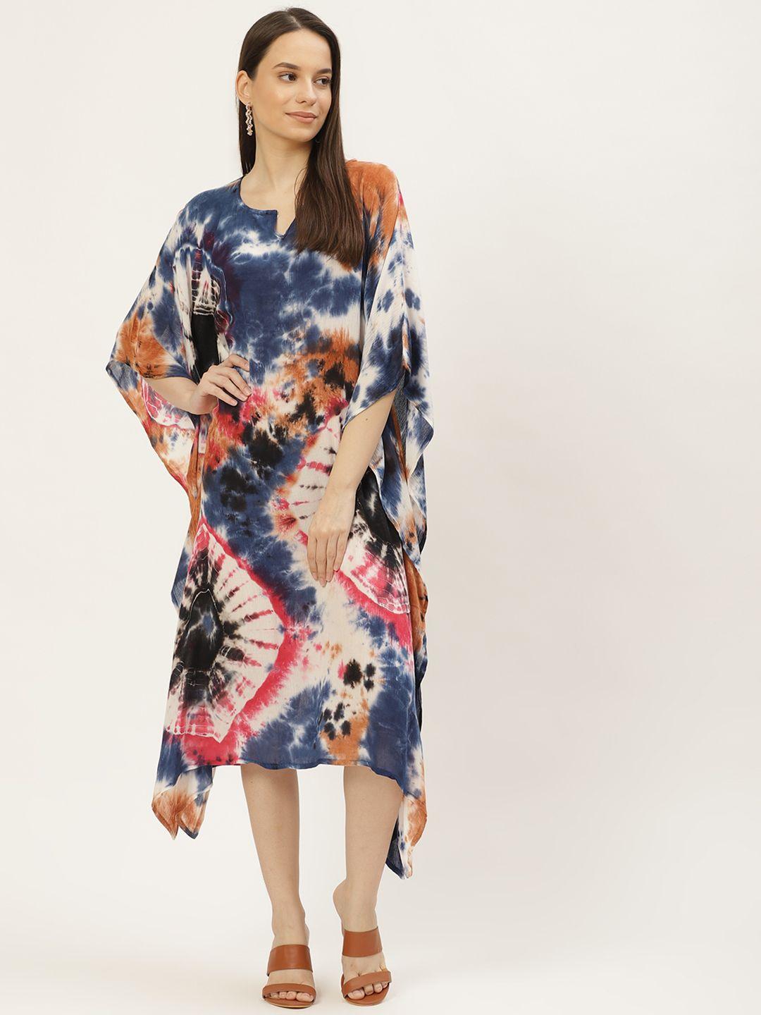 maaesa navy blue & brown tie and dye kaftan midi dress