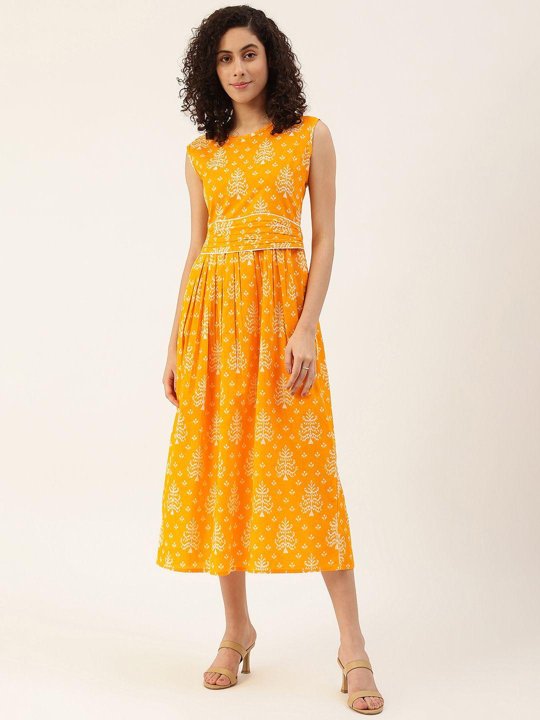 maaesa orange ethnic motifs a-line midi dress