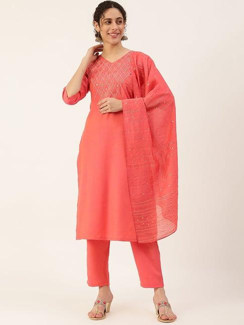 maaesa peach embroidered kurta pant set with dupatta