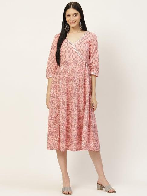 maaesa pink cotton printed a-line dress