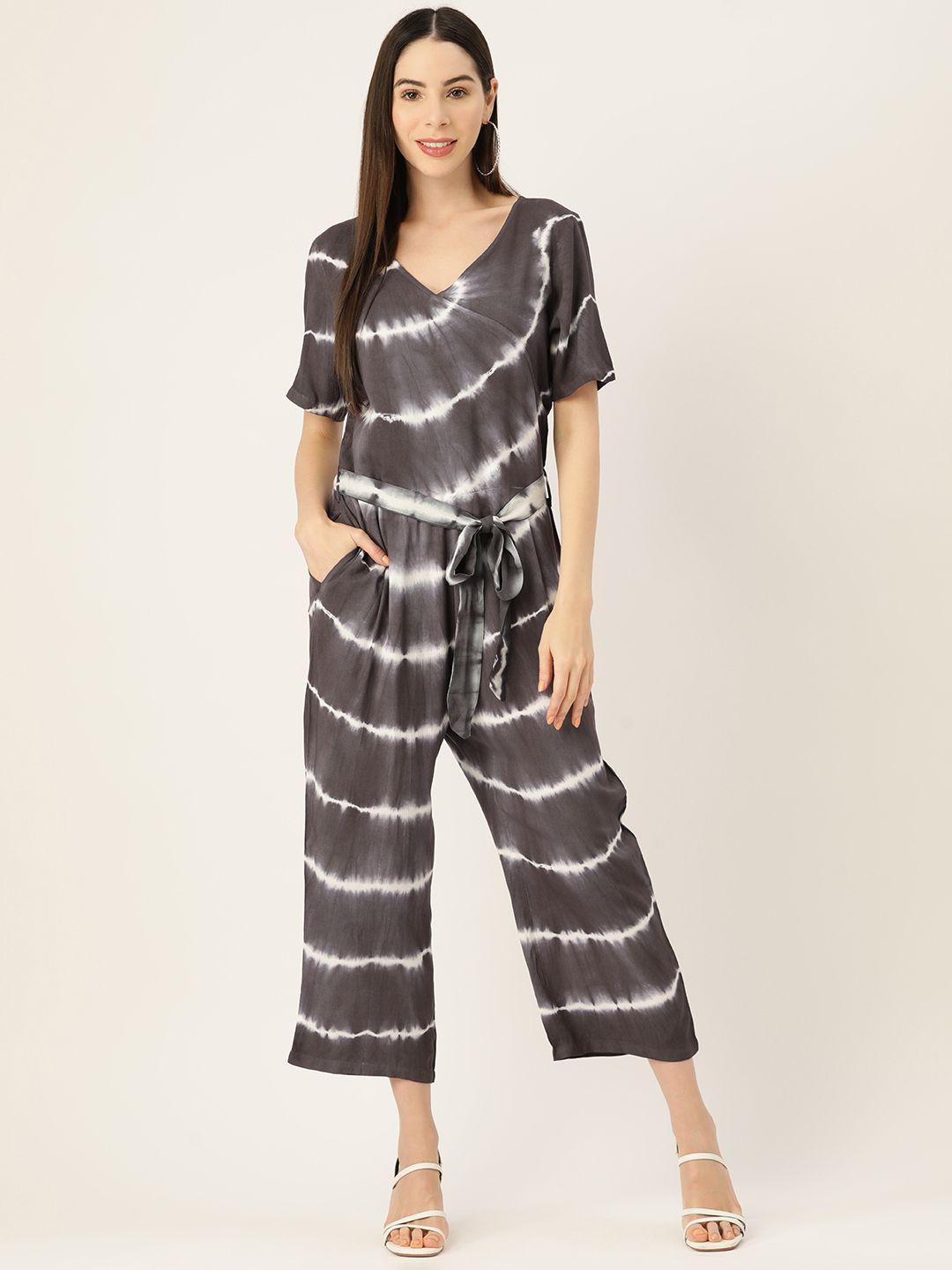 maaesa striped tie & dye waist tie-ups basic jumpsuit