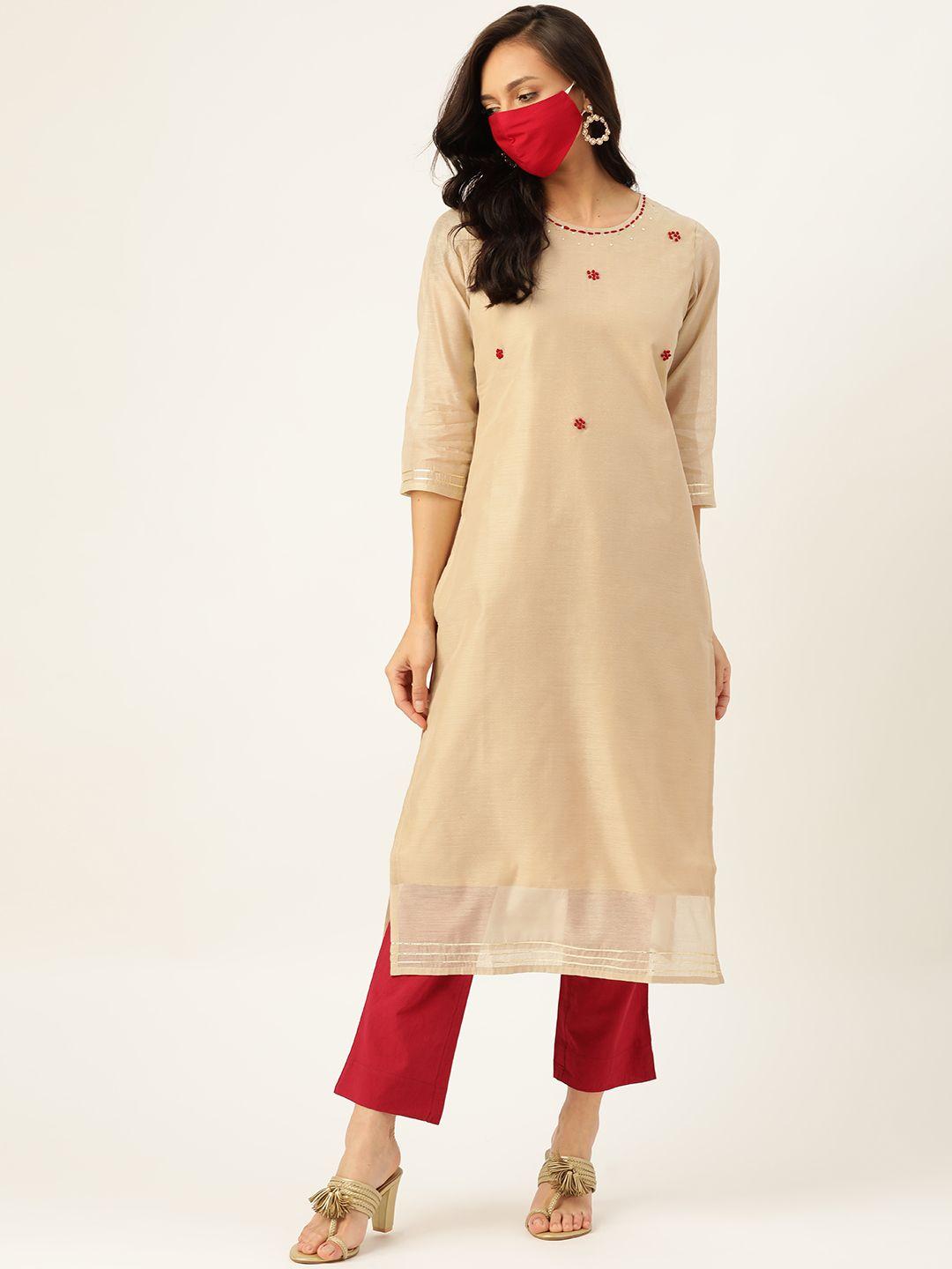 maaesa women beige sequinned chanderi cotton kurta with trousers